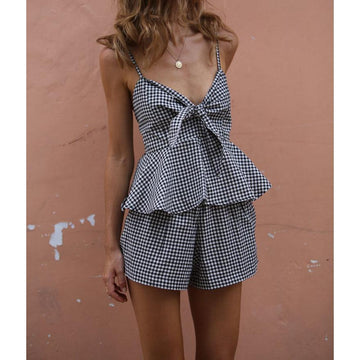 Plaid Spaghetti Straps Crop Top with Shorts Two Pieces Set