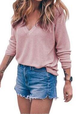 V-neck Pure Color Long Sleeves T-shirt