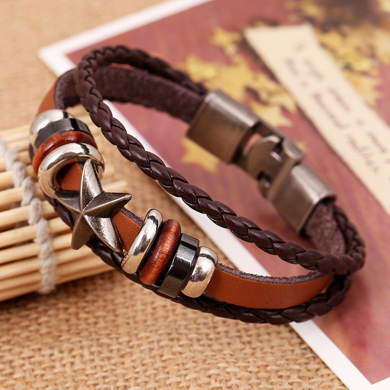 RETRO STAR BEADED LEATHER WOVEN BRACELET