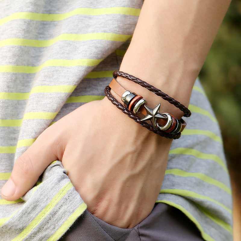 RETRO STAR BEADED LEATHER WOVEN BRACELET