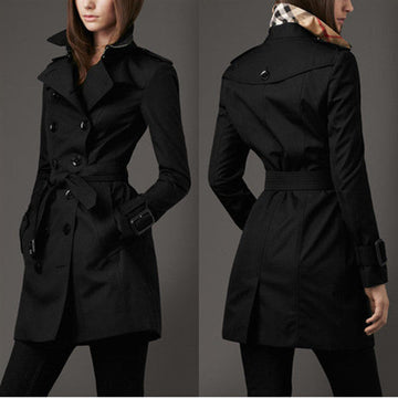 Turn-down Collar Belt Double Button Slim Mid-length Coat