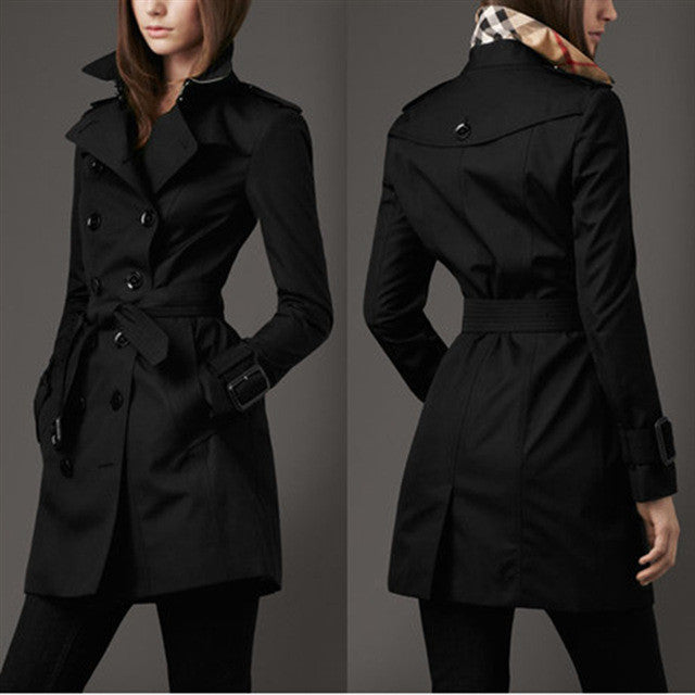 Turn-down Collar Belt Double Button Slim Mid-length Coat
