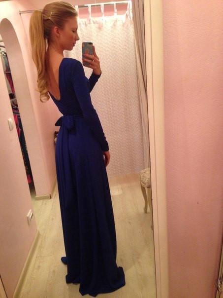 Long Sleeves Pure Color V-Back Backless Long Dress