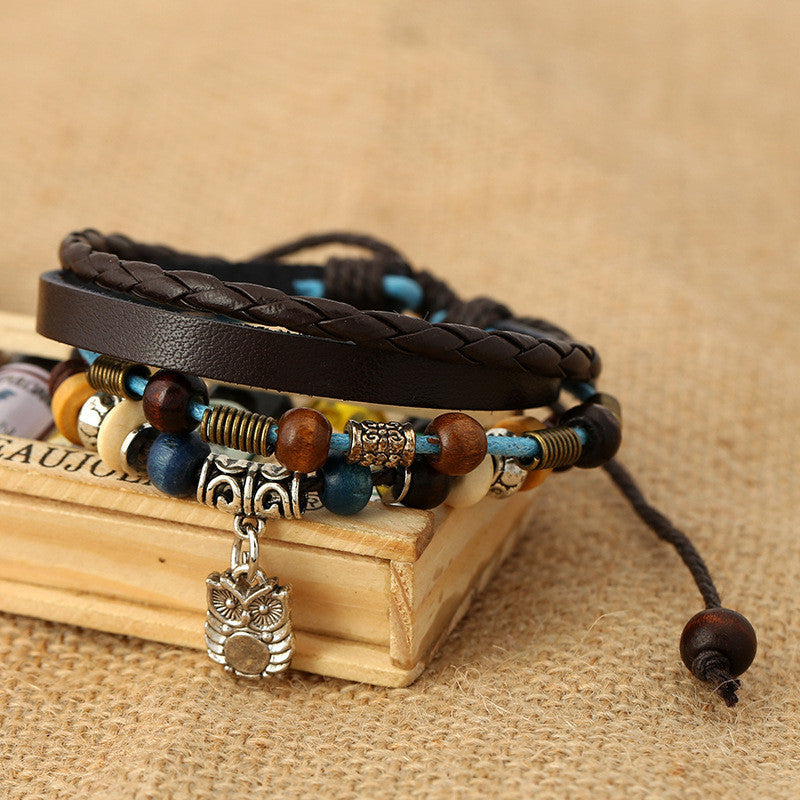 OWL PENDANT BEADED LEATHER BRACELET