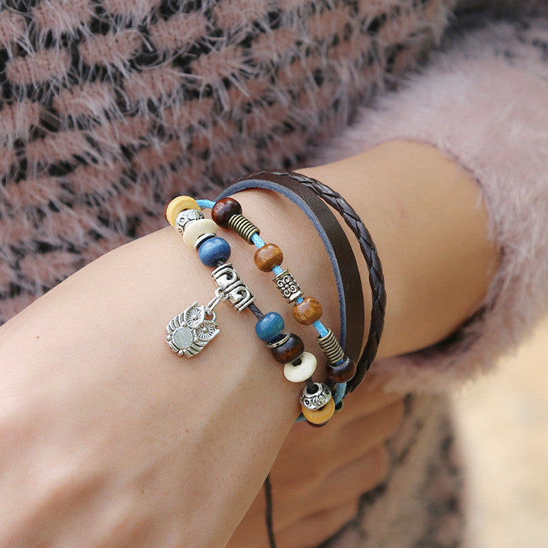 OWL PENDANT BEADED LEATHER BRACELET