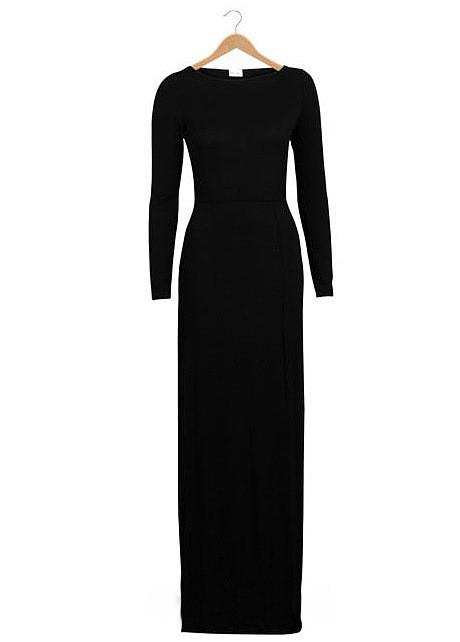 Pure Color Slim Slit O-neck Long Sleeve Long Dress