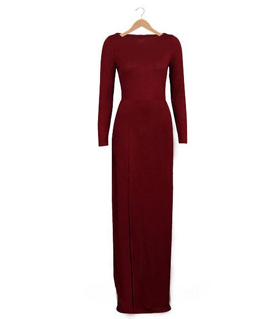 Pure Color Slim Slit O-neck Long Sleeve Long Dress