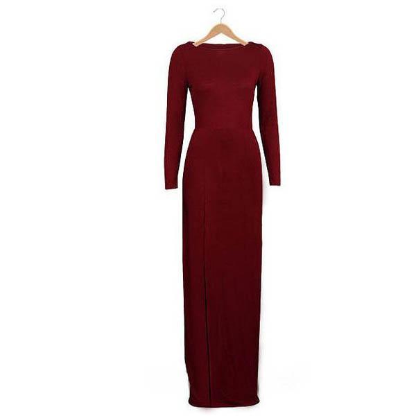 Pure Color Slim Slit O-neck Long Sleeve Long Dress