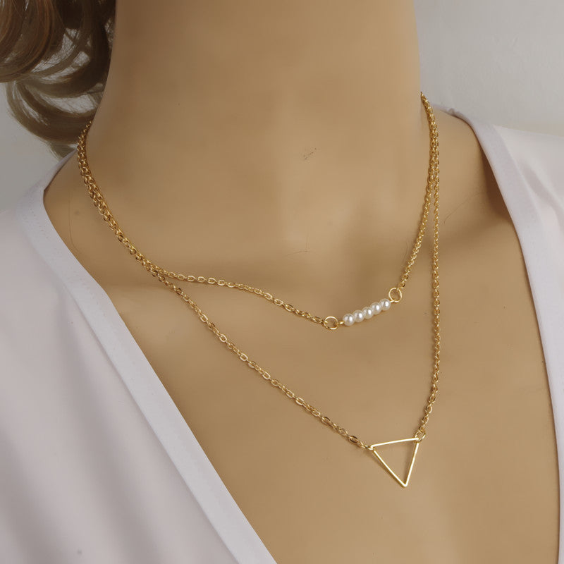 SWEET HOLLOW TRIANGLE PEARL BEADS MULTILAYER NECKLACE