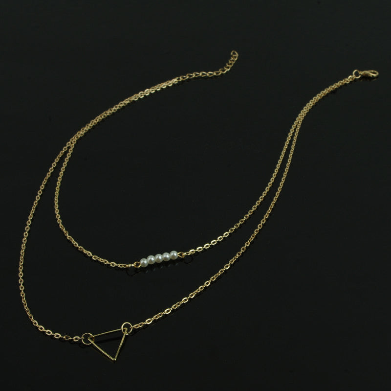 SWEET HOLLOW TRIANGLE PEARL BEADS MULTILAYER NECKLACE