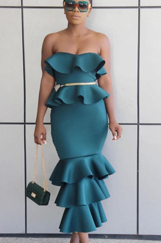 Falbala Strapless Mermaid Solid Color Tee-length Party Dress