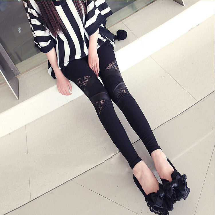 LACE PATCHWORK PLUS SIZE PU SKINNY LEGGINGS