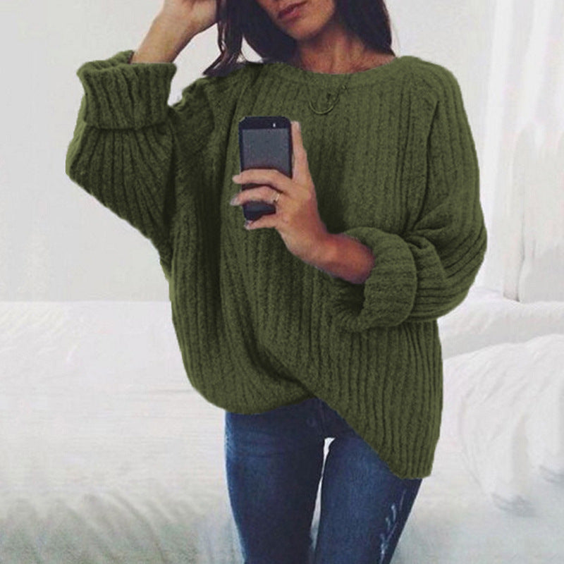 Pure Color Long Sleeves Scoop Regular Loose Sweater