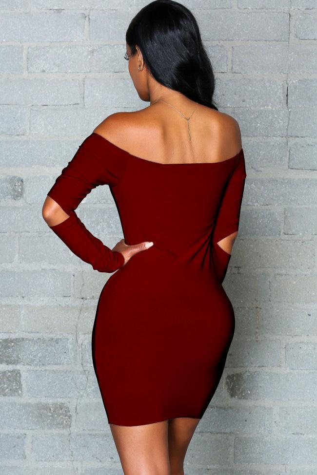 Pure Color Off Shoulder Hollow Sleeve Short Bodycon Dress