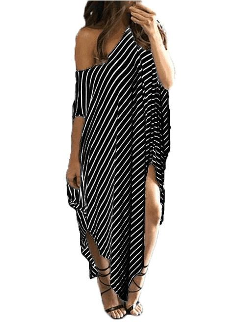 Loose One Shoulder Bat-wing Sleeve Stripe Irregular Plus Size Dress