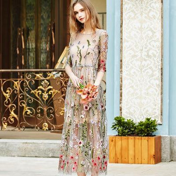 RETRO CHINESE STYLE EMBROIDERED  MESH DRESS HOLIDAY BEACH DRESS