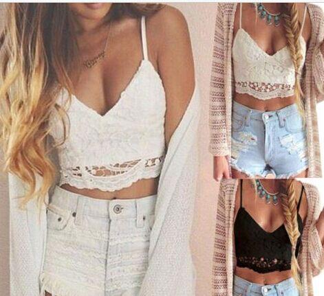 Sexy V-neck Strap Floral Hollow Out Lace Slim Crop Top