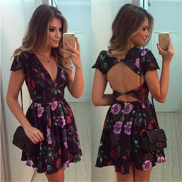 Backless Deep V-neck Flower Print Flared Short Dress