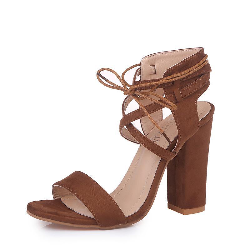 Suede Cross Strap Chunky Heel Sandals