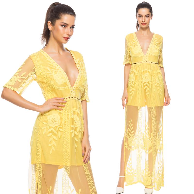 Lace V-neck Sleeveless Transparent Split Long Party Dress