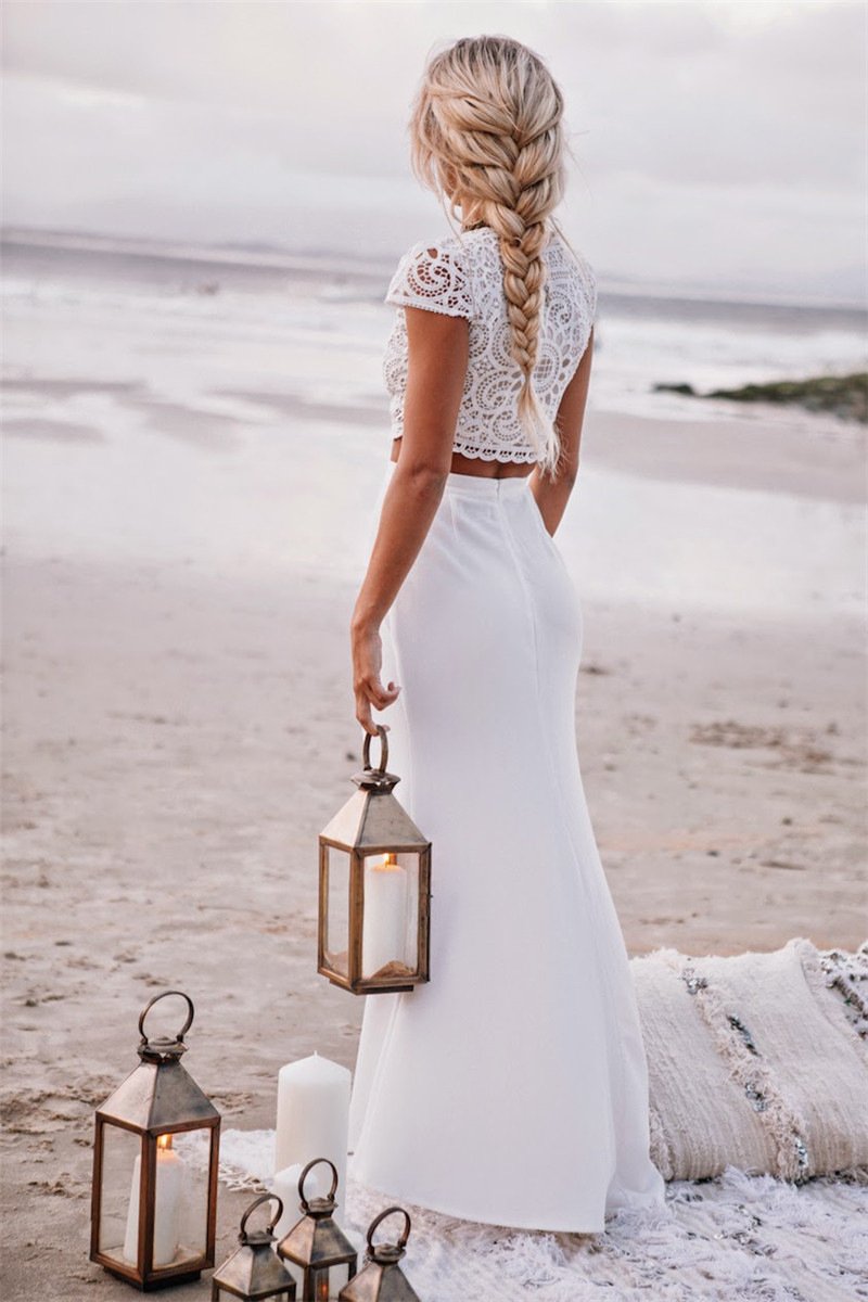 Scoop Lace Crop Top Split Long Skirt Dress Suit