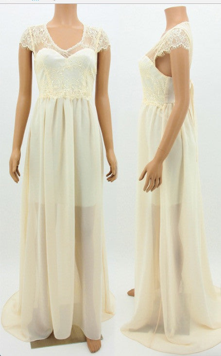 Lace Chiffon Bowknot High Waisted Cap Sleeve V-neck Long Dress