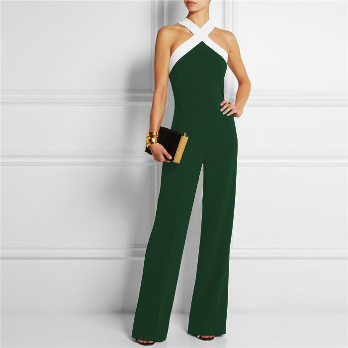 Elegant Patchwork Brief Halter Long Sleeveless Jumpsuits - May Your Fashion
