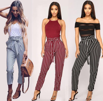 Striped Slim Strap Belt Long Skinny Casual Pants