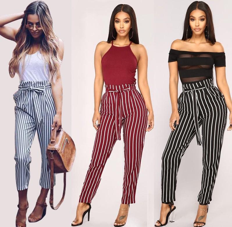 Striped Slim Strap Belt Long Skinny Casual Pants