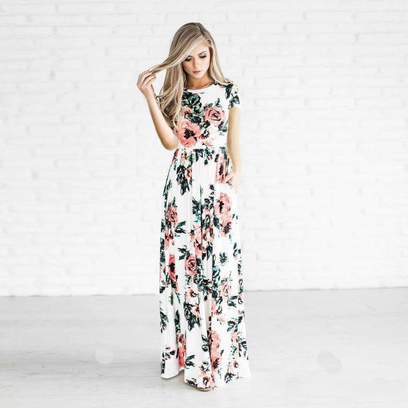 Flower Print 3/4 Sleeves and Short Sleeves High Waist Long Party Dress