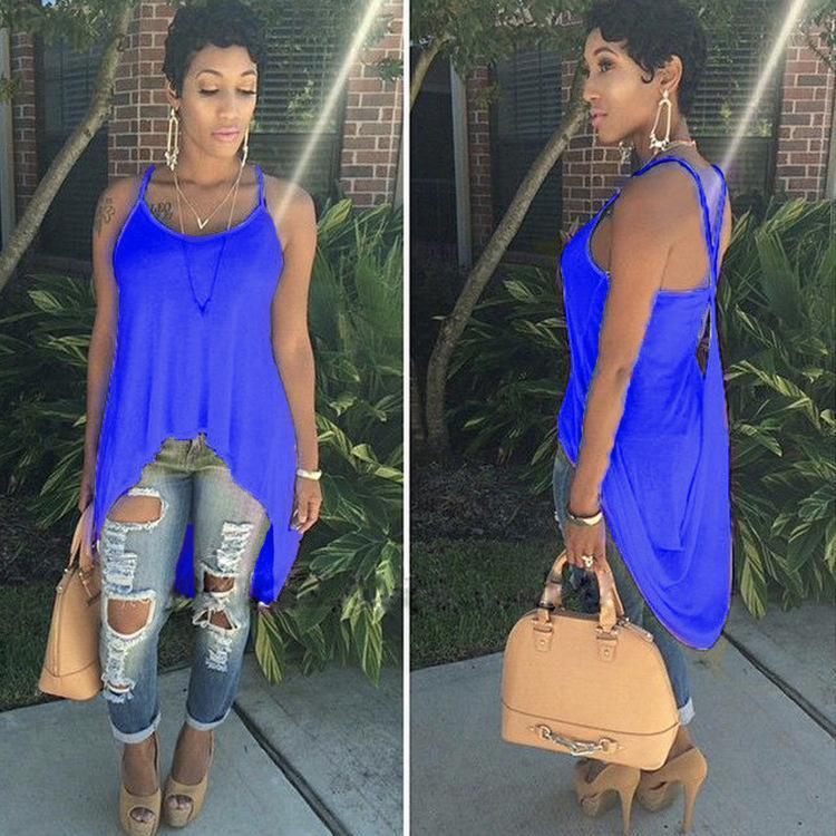 Scoop Spaghetti Strap Irregular Pure Color Blouse