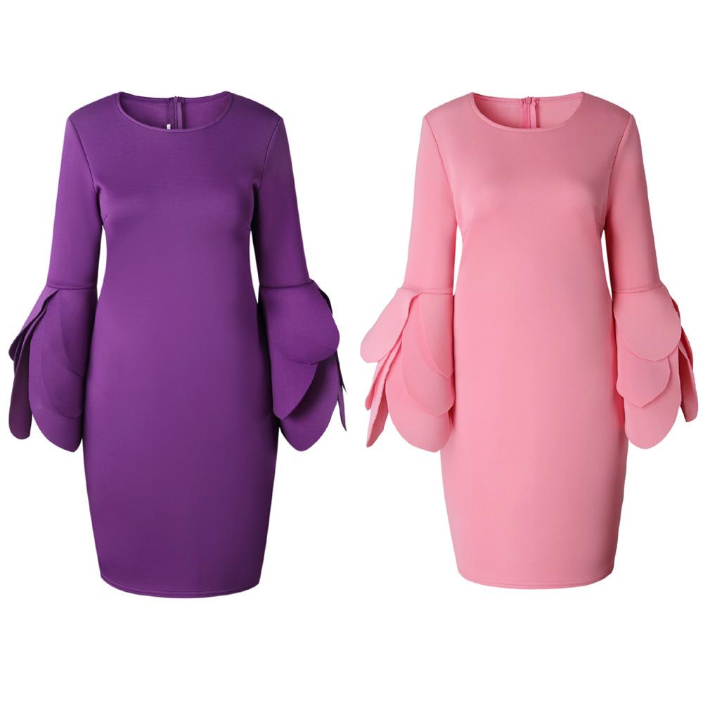 Pure Color Long Trumpet Sleeves Scoop Knee-length Dress