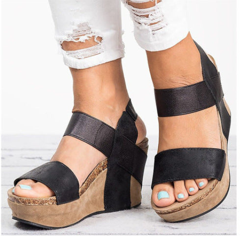 Retro Open Toe Ankle Wrap Platform Women Wedge Sandals with Plus Size