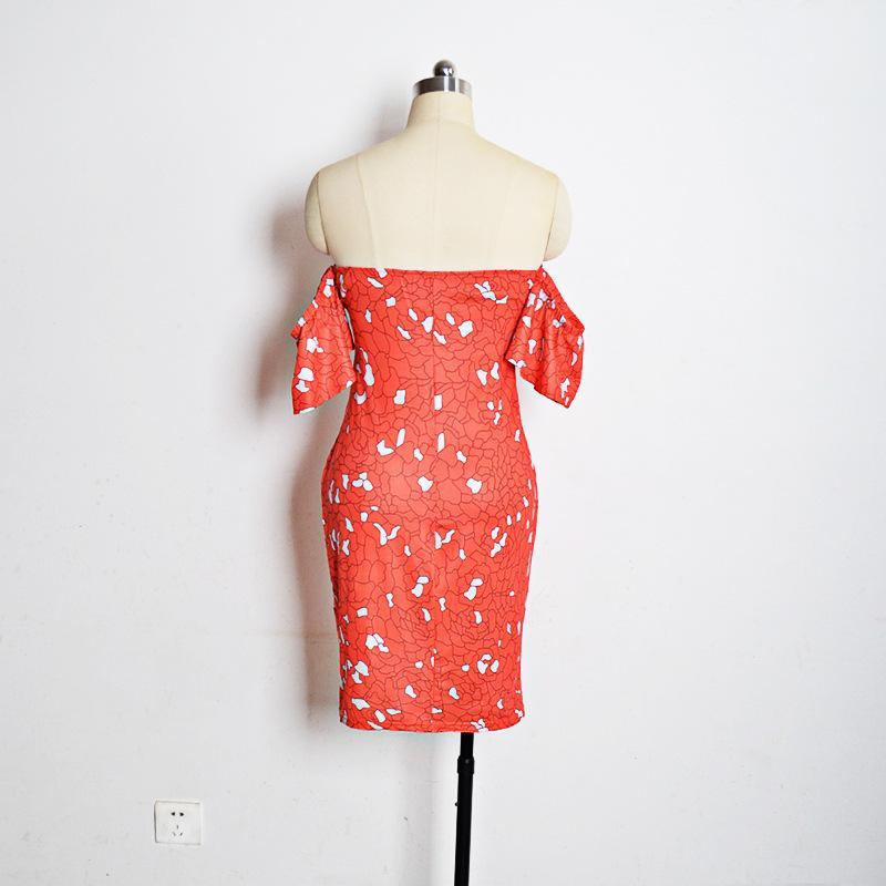 Print Off Shoulder Short Loose Sleeves Bodycon Knee-length Dress