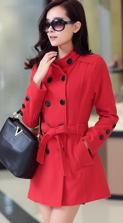 Stand Collar Double Button Belt Slim Plus Size Woolen Coat