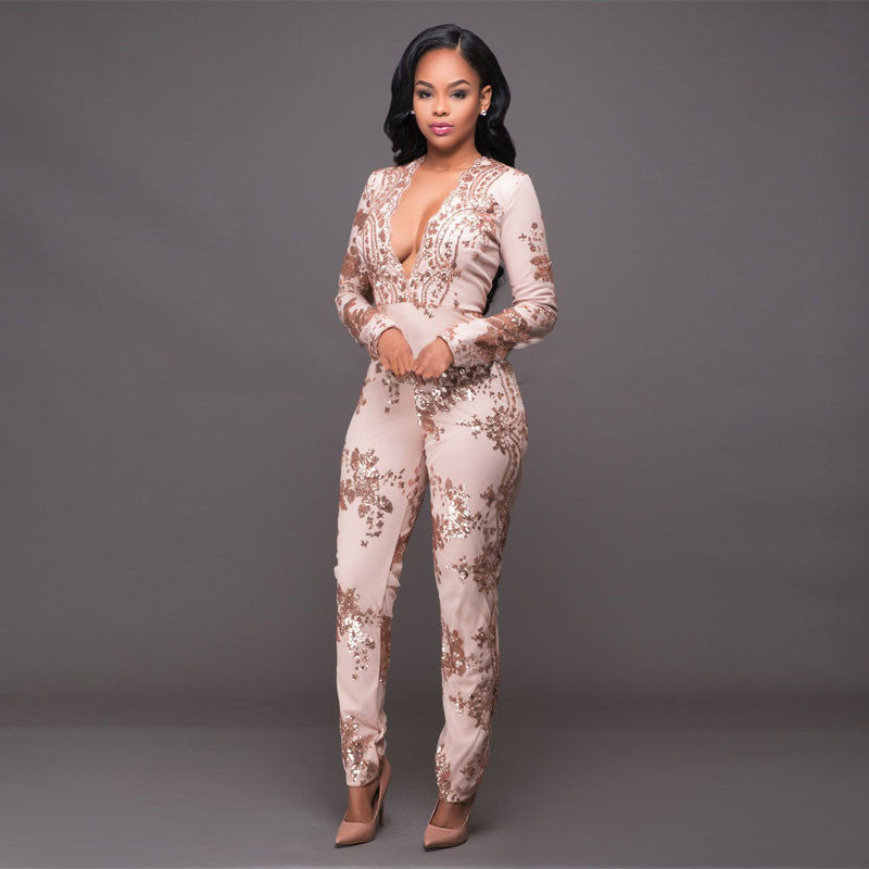 Sequins Deep V-neck Long Sleeve High Waist Long Jumpsuit