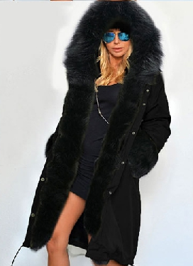 Zipper Hooded Faux Fur Cuff Long Cotton Coat