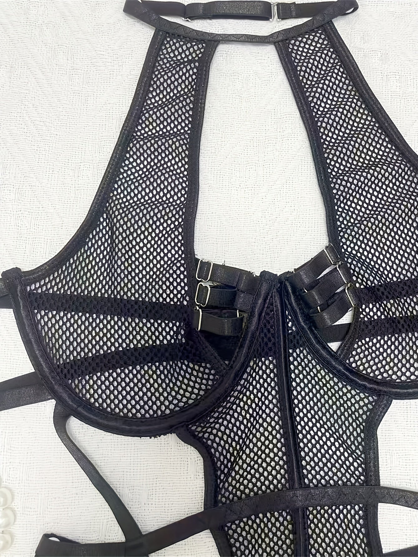 FASHION BLACK HOMEWEAR SET, POLYESTER 95% ELASTANE 5% KNIT FABRIC, SOLID COLOR WITH CONTRAST MESH DETAILS, INTIMATE LASH SETS WITH HARNESS AND GARTER BELT