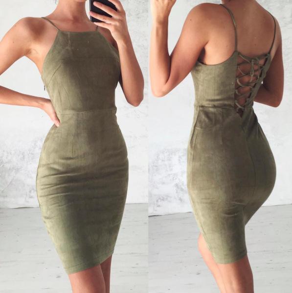 Bear Shoulder Spaghetti Strap Lace Up Back Short Bodycon Dress