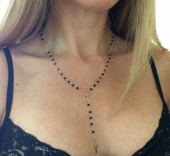 Y SHAPE HANDMAKE CRYSTAL CROSS TASSELS NECKLACE