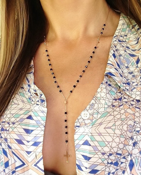 Y SHAPE HANDMAKE CRYSTAL CROSS TASSELS NECKLACE