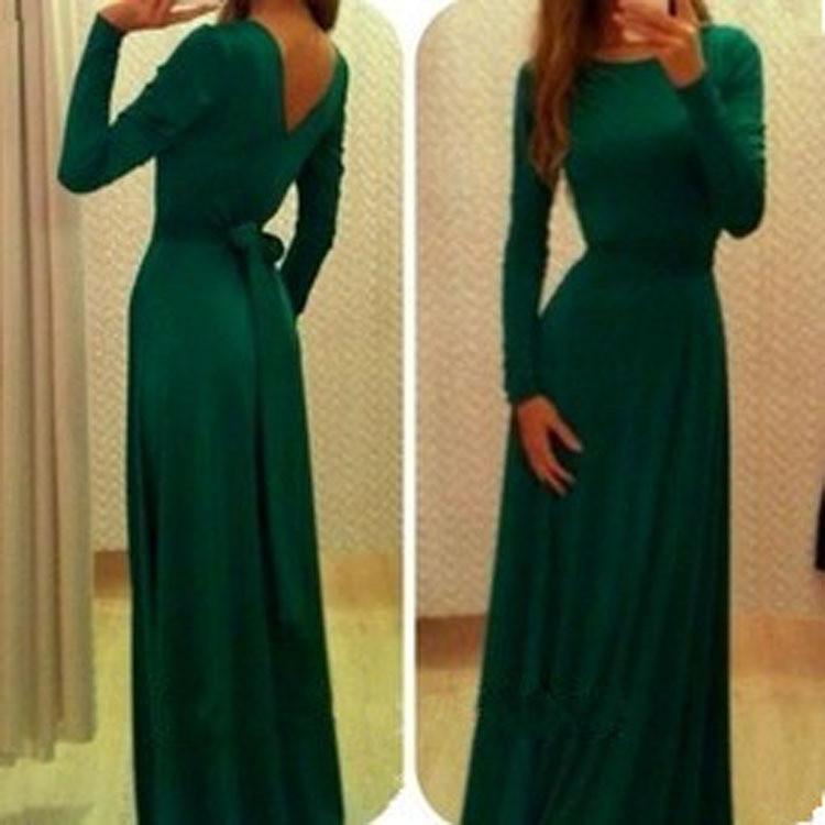 Long Sleeves Pure Color V-Back Backless Long Dress
