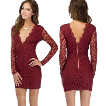 Lace Floral V-neck Backless Long Sleeve Short Dress