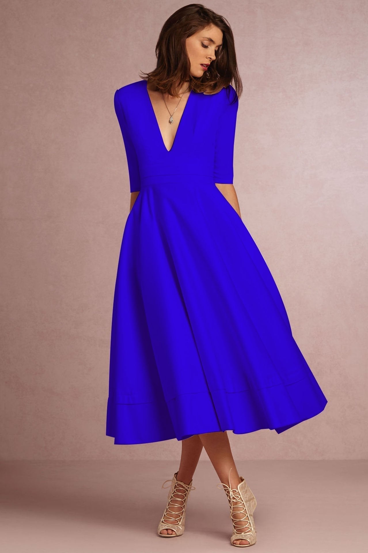 V-neck 3/4 Sleeves Solid High-waist Pleated Long Party Dress(Extra large code)