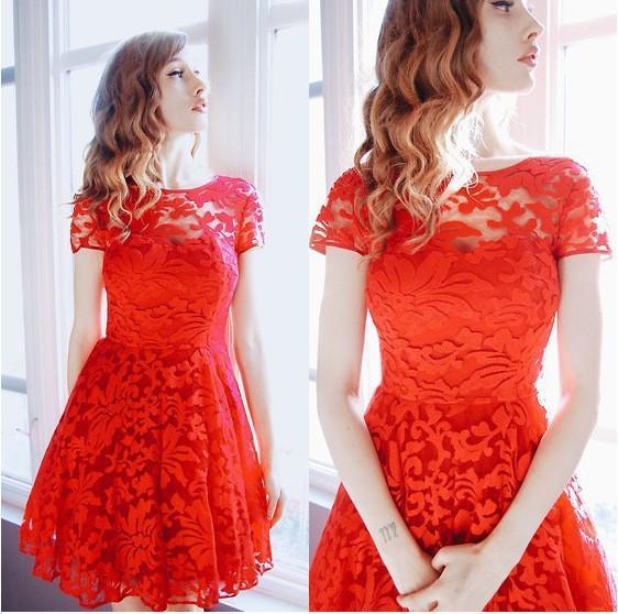 Fashion A-line Hollow Out Lace Knee-length Dress