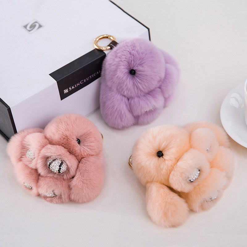 CUTE DIAMOND-ENCRUSTED REAL RABBIT FUR BUNNY CHARM