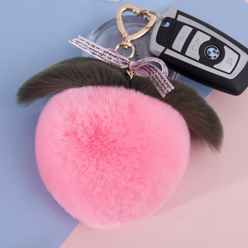 CUTE REAL RABBIT FUR PEACH KEYCHAIN