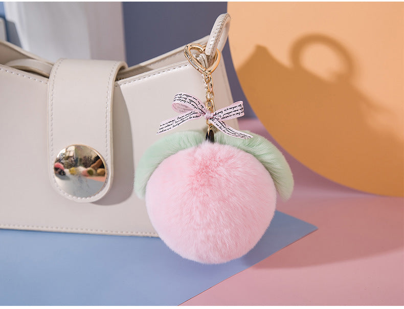 CUTE REAL RABBIT FUR PEACH KEYCHAIN