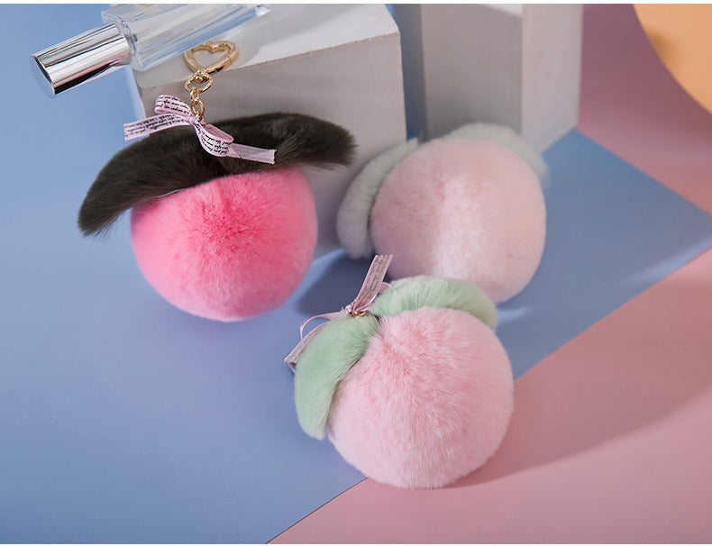 CUTE REAL RABBIT FUR PEACH KEYCHAIN