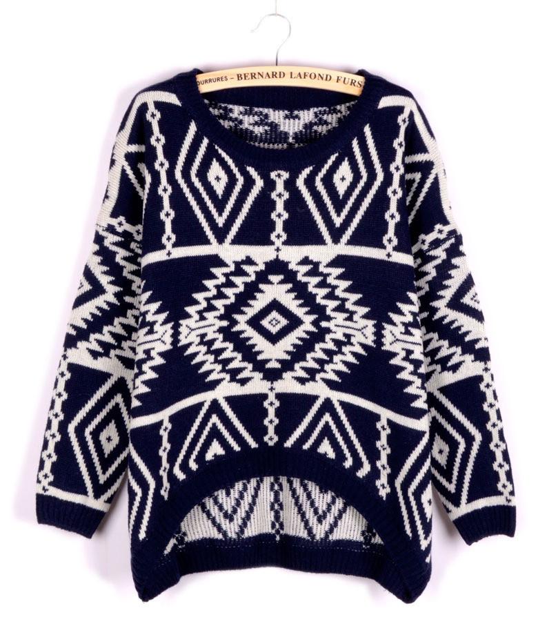 Geometric Argyle Long-Sleeved Loose Knit Scoop Pullover Sweater